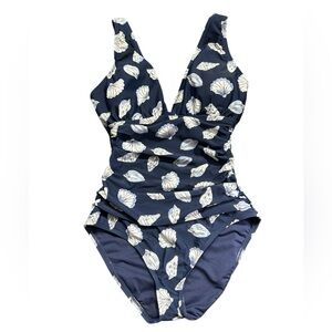 ELLEN TRACY womens Navy Blue sea shells One Piece Ruched Swimsuit Sea size 8 NWT